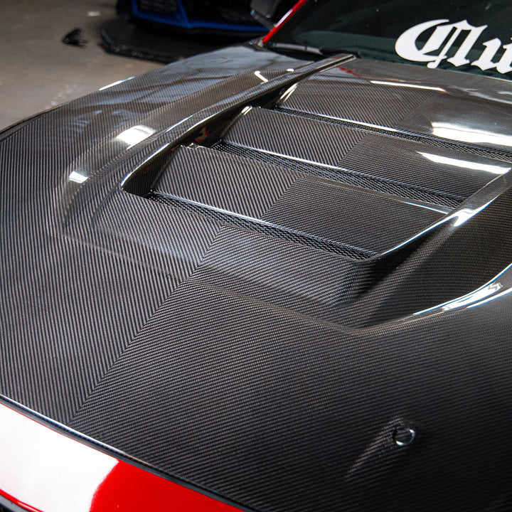 2024–2026 Mustang S650 Heritage SC™ V-Shaped Dry Gloss Carbon Fiber Hood Track Package